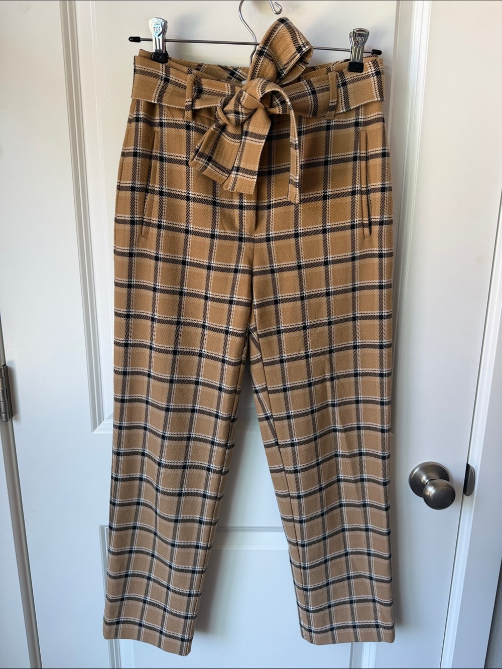 Wilfred Camel Plaid Paperbag Waist Cropped Pants